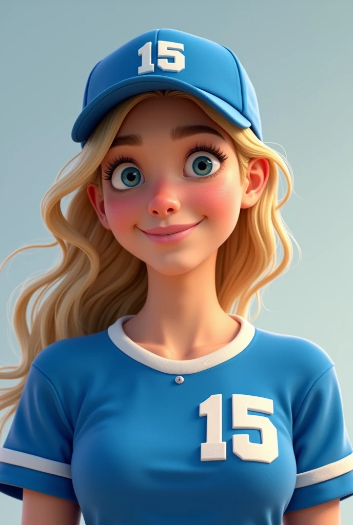 A wearing a blue shirt with the number 15 in the upper right corner and a blue cap with the number 15. She has blonde hair and rosy cheeks, She is small