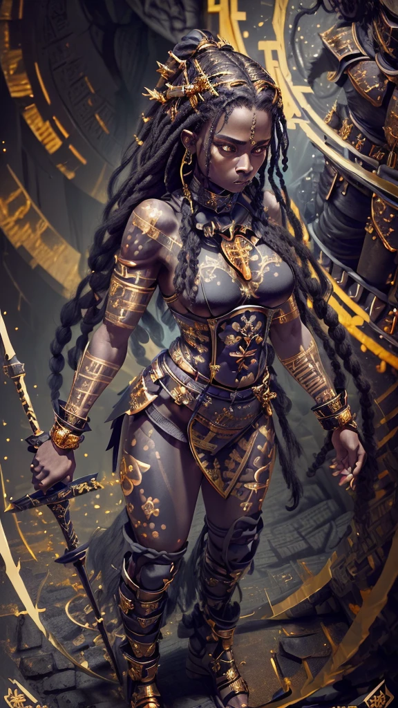 (((full body picture))), (((1 woman))), Top quality, Intricate details , A ebony woman, ((standing holding a spear)), (serious look:1.4), (wearing black and golden battle outfit:1.8) with some animal fur details, (long dreadlock hairstyle:1.3), (reflective eyes:1.3), (tribal tattoo:1.5), looking at the viewer, serious face.