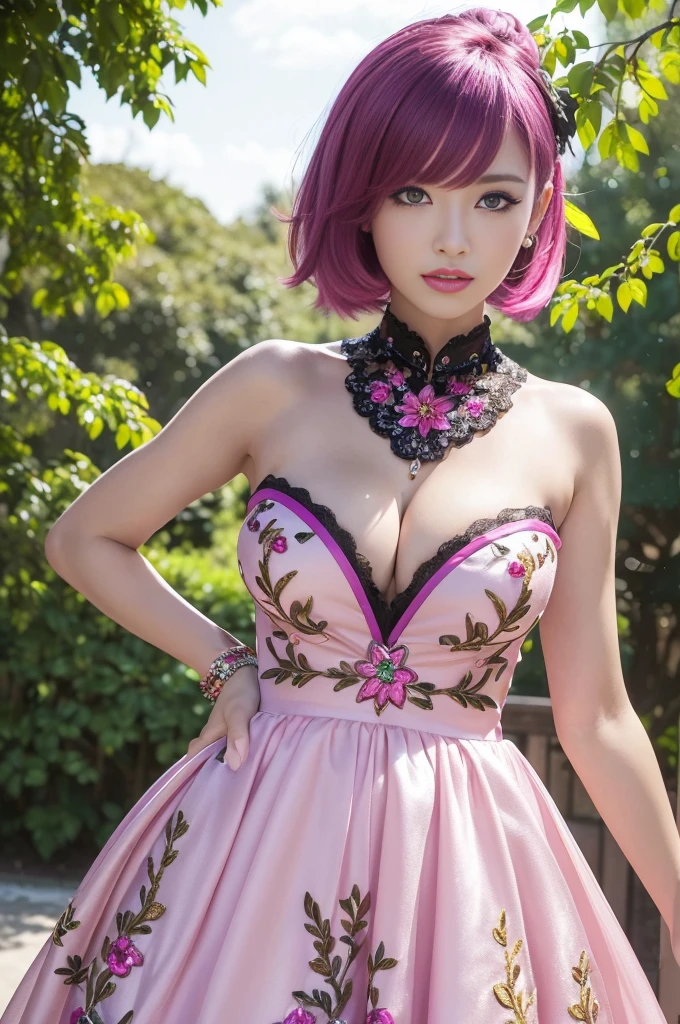 (masterpiece:1.4), (best quality:1.4), ultra high res, ultra high resolution, ((detailed facial features)), HDR, (realistic, photorealistic, photo-realistic:1.37), full body Esbian, sexy swedish model, (-anime), only 1 model, (vivid colors), ((vivid colors multicolor (fuchsia, pink, light purple) very short hair)), ((beautiful smile)), lip-gloss, long lashes, ultra detailed makeup, defined eyebrows, wearing large sparkling colorful jewelery, wearing a red silk Paradise Kiss cosplay dress with black floral embroidery, ((vivid colors outfit)), (vivid colors), look at the camera, cinematic light, large park background with trees, sweet and sexy pose