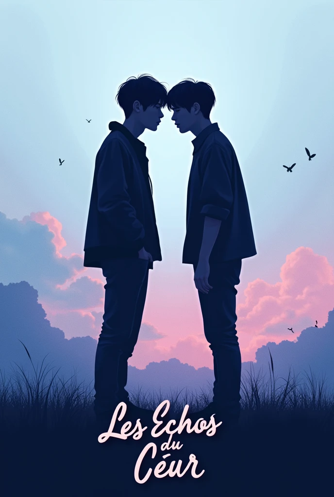 Un design avec deux silhouettes des membres de BTS jeon Jungkook et Park jimin
 se tenant la main ou se regardant intensément, symbolisant leur connexion profonde. Le fond pourrait être un dégradé de couleurs douces, comme des bleus et des violets, pour évoquer la sérénité et l'intensité émotionnelle. Le titre **« Les Échos du Cœur »**écrit en grand en Écriture Poétique et Émotionnelle bien mise en évidence 