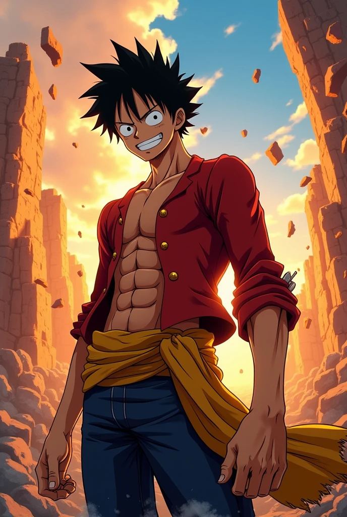 create an image of luffy with the background destroyed, and with the name of celestial anime