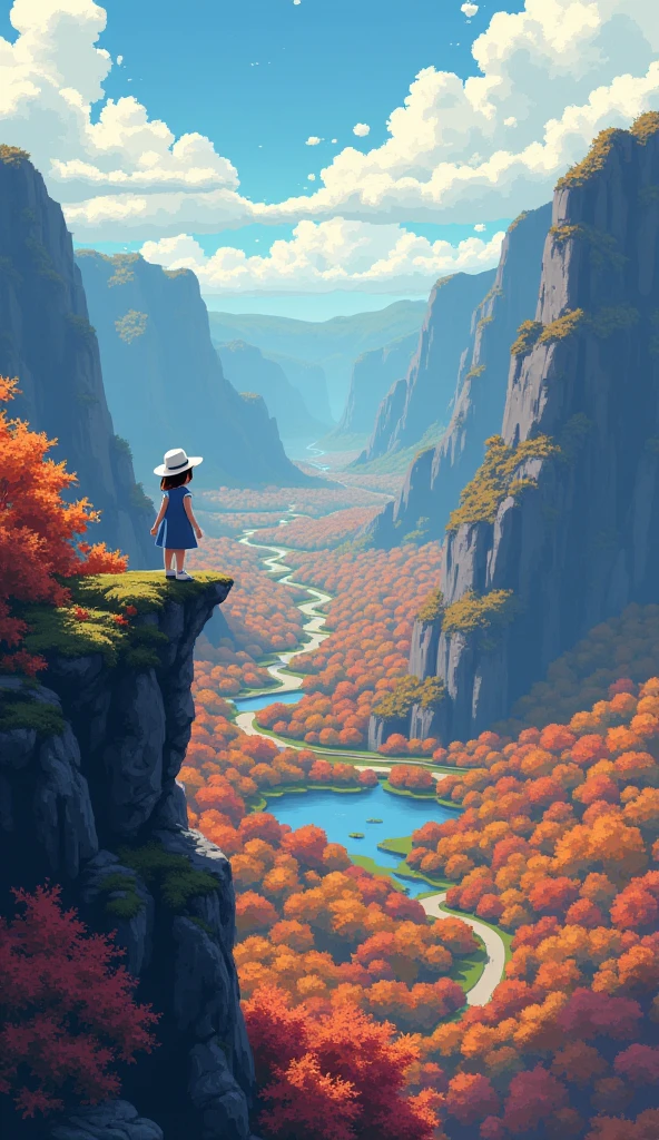 ((masterpiece)), (style anime), ghibli, A pixe art style of landscape view from a high rocky peak, with a girl wearing a white hat and standing on the edge, looking out over a vast valley filled with colorful autumn foliage. The scene includes a winding road that cuts through the landscape and a small lake reflecting the surrounding colors. The sky is filled with clouds, creating a moody atmosphere. The pixelated art style adds a retro, nostalgic feel to the image, preserving every detail including the textures of the rocks, the diversity of the forest colors, and the tranquil lake. Pixel art, cloudy sky 
