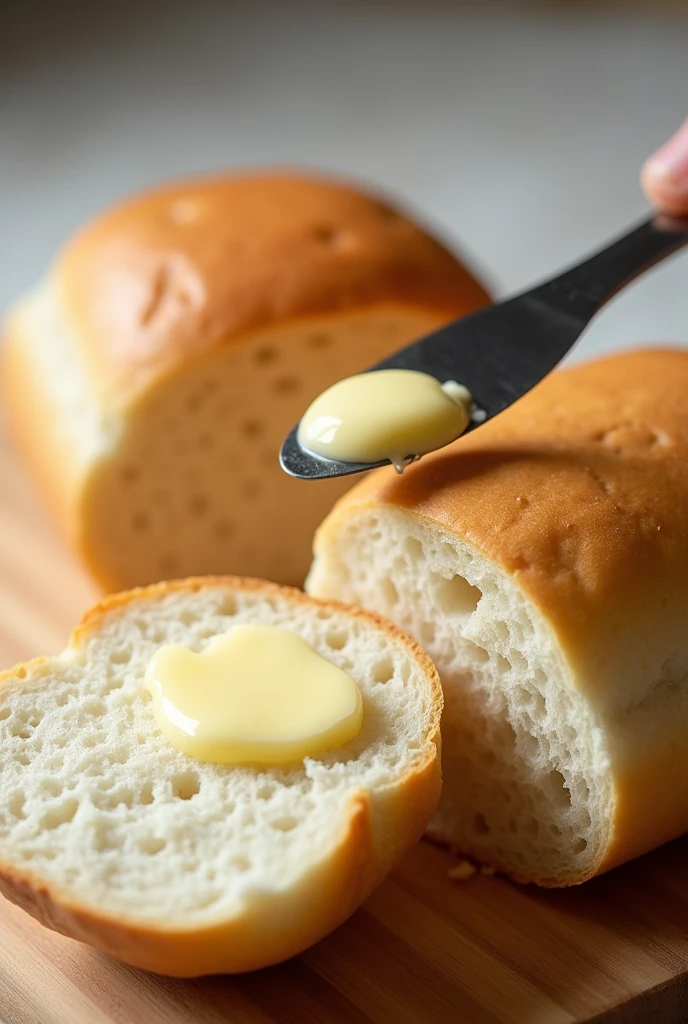 Create a small oval-shaped milk bread roll like the Seven Boys brand, cut into two parts lengthwise., with a knife spreading butter 
