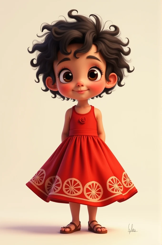 A 2-year-old Pixar drawing student wearing a beautiful red wheel dress with details on the hem of the dress's skirt, white skin, short curly hair, smiling and very cute.