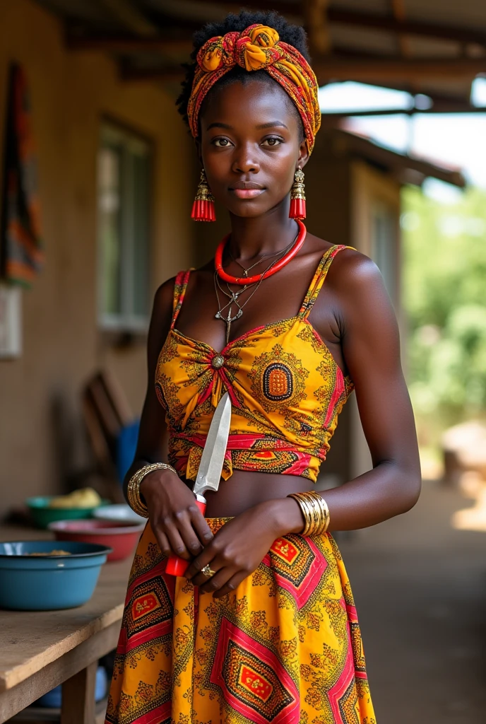 Generate an African Nigerian girl  18 dressed in vibrant traditional attire. She might be wearing a brightly colored ankara cloth a piece tied to her chest and another piece tied to her waist. Her waist should be adorned with red bold Nigeria beads. She might also have traditional accessories like earrings, bracelets, and a headwrap that complements her clothing. The setting should be an outdoors kitchen with natural light, highlighting the vivid colors and textures of her attire. She is showing us a kitchen knife 