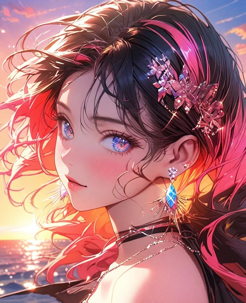 8k,Ephemeral beauty，Very delicate and beautiful,Beautiful and realistic skin,Sparkling jewel earrings,Black Bob、Colorful Hair,Beautiful Eyes,good,Beautiful sunset
