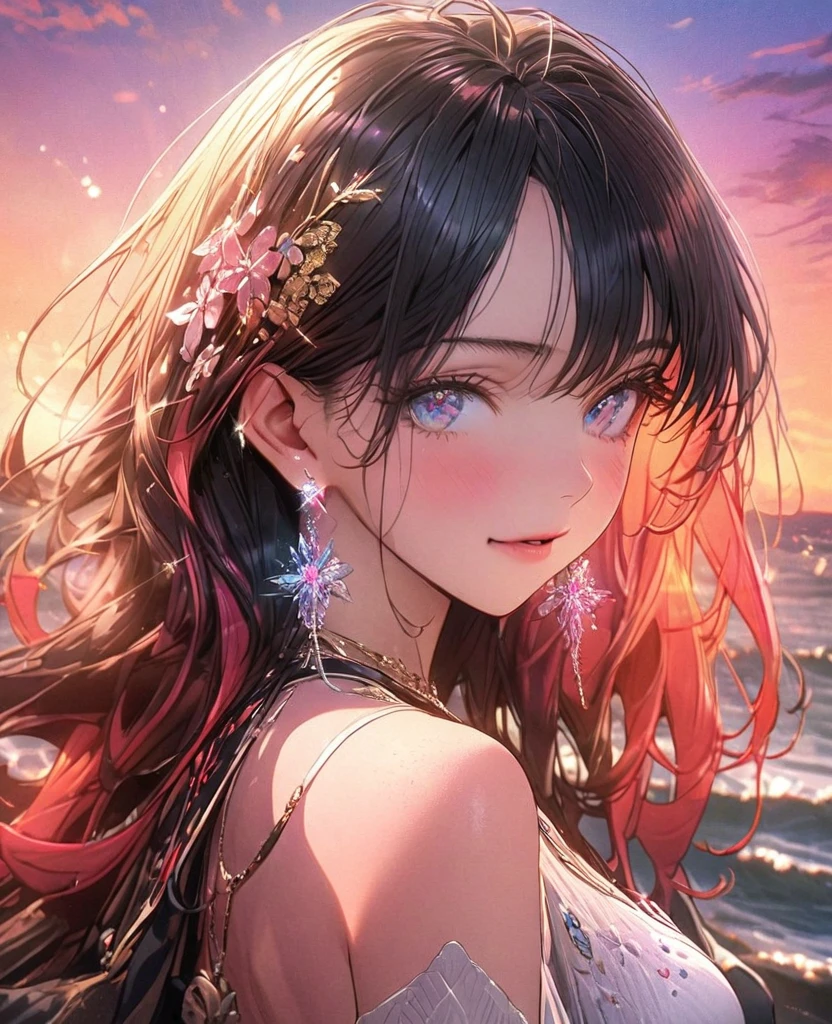 8k,Ephemeral beauty，Very delicate and beautiful,Beautiful and realistic skin,Sparkling jewel earrings,Black Bob、Colorful Hair,Beautiful Eyes,good,Beautiful sunset
