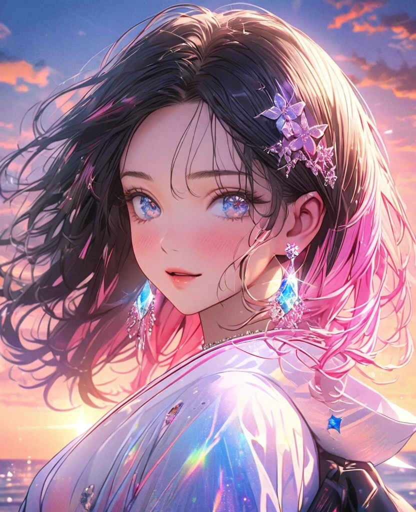 8k,Ephemeral beauty，Very delicate and beautiful,Beautiful and realistic skin,Sparkling jewel earrings,Black Bob、Colorful Hair,Beautiful Eyes,good,Beautiful sunset
