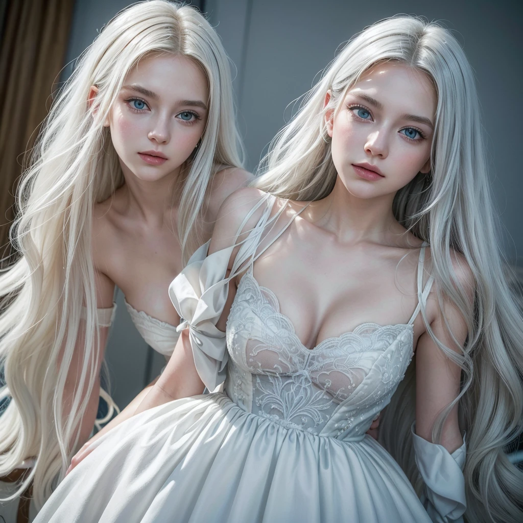 fashion modell, perfect big blue eyes, Perfect iris, Perfect lips, perfect teeth, flawless skin, Glow, (Subdued Color:1.2), Baby Face Woman, 
Gorgeous dress up, snow white see-through lace dress, super long white hair,
Squatting, white stiletto sandals high heels,
Kamimei, Photorealsitic、8k picture, full picture