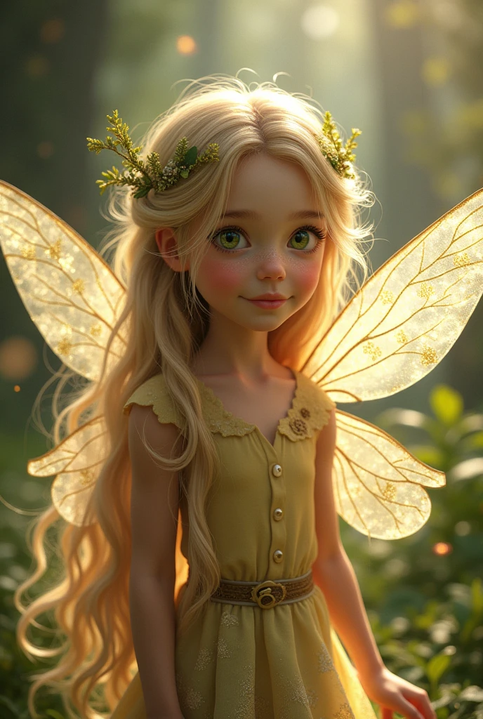 First plan, 10 year old girl with long blonde hair, green eyes and transparent wings with golden glitter and veins like those of a fairy.