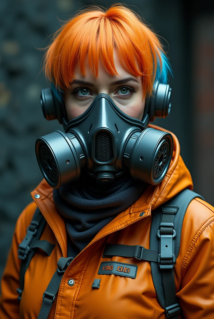 Create a woman with a fireproof suit and a gas mask, with short orange hair and blue tips 