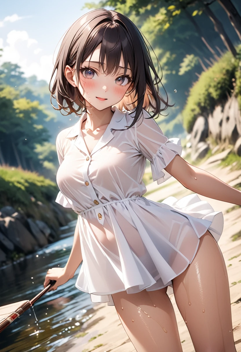 (((A woman playing in midsummer in Japan))), ((Wear a long white see-through blouse)),, ((Shiny Costumes)),, (skirt), skindentation, skinny, solo, 1 woman, Masterpiece, highest quality, highest quality, 16K, incredibly absurd, highly detailed, 2.5D, ai-generated, delicate and dynamic, very delicate facial expressions, delicate eye depiction, erotic, only sexy woman, ((A cute and kind face)), healthy figure, ((25-year-old woman)), 160cm tall, medium firm swaying bust, Dark Hair, blush, Sweat,Embarrassed,sexy, ((thin thighs)),, (camel toe:0.7), (visible nipples:0.7), (Erect nipples,:0.7), shiny and lustrous, facing straight at viewer, (((in heat))), ((Oily_skin)), ((Lots of sweat)), (((Brown Skin))), ((dutch angle)), ((erotic pose)), ((On a hot summer afternoon on a bank in the Japanese countryside)),, (((Very dynamic pose))),