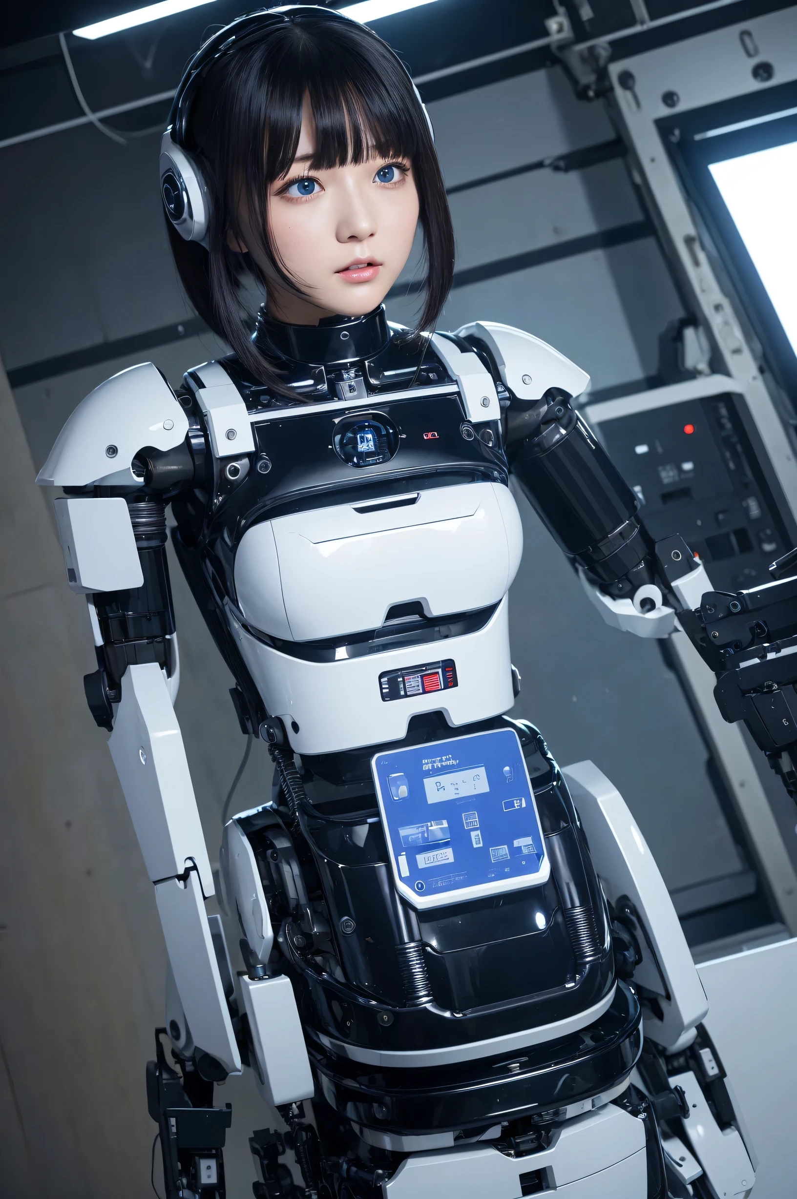 masterpiece, best quality, extremely detailed, Japaese android girl,Plump , hug,control panels,android,Droid,Mechanical Hand, Robot arms and legs, Black hair,Blunt bangs,perfect robot girl,long tube,thick cable connected her neck,android,robot,humanoid,cyborg,japanese cyborg girl ,robot-assembly plant,She is assembled now,assembly scene,chest monitor,blue eyes,breast cover（closing eyes:1.5）