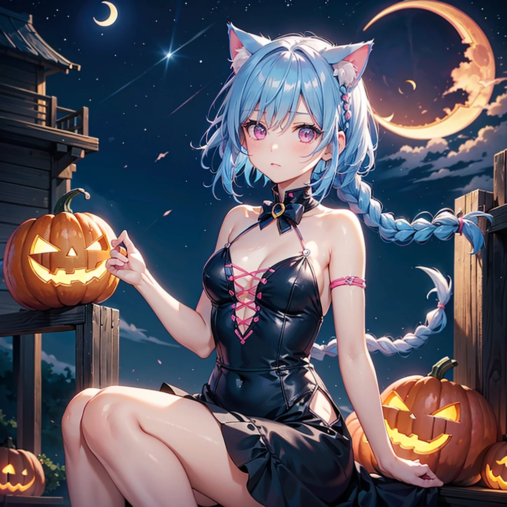 (Sky blue hair),(Braided short hair), (Pink Eyes),Fair skin) ,(whole body),(One Girl),(Crescent Moon),(There are lots of pumpkin ghosts in the background),Cat ear,Cat's Tail,(Sailor suit),(Ahegao),(Fall into Darkness),If you don't give me sweets, I'll play a prank on you.),Halloween Night Party),(masterpiece, Highest quality, Very detailed, Best Shadow), (Detailed Background), (Beautifully detailed face), High Contrast, (Best lighting, Very delicate and beautiful), ((Cinematic Light)), Hyper Detail,8k, Dramatic Light, Intricate details,night,(Bats flying in the background),Pumpkin handbag,There are sweets in the bag,