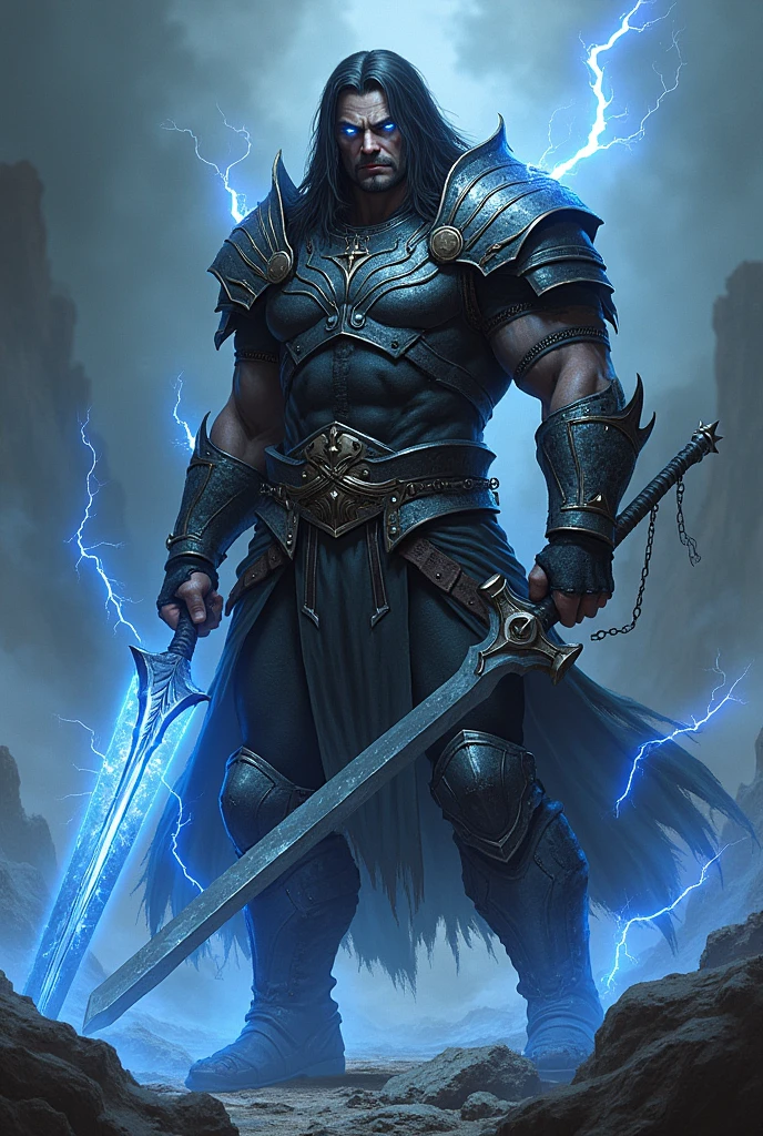 Human man dnd with hate, blood, electric eyes with thunder and lightning, strong, warrior with black electric long sword, with heavy armor. semi long hair
