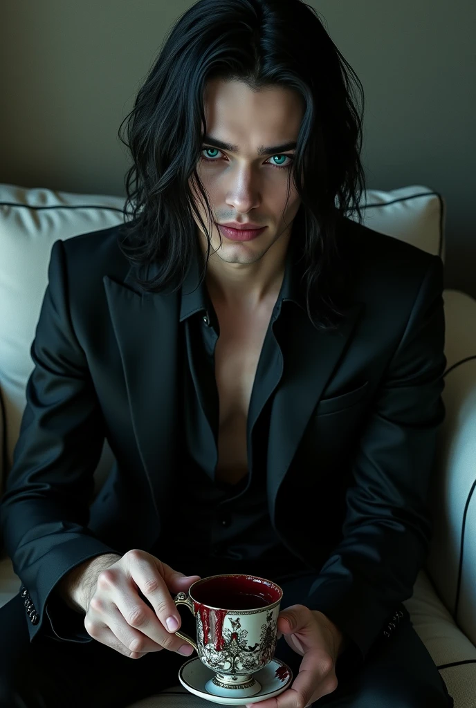 A sexy male with delicate facial features, black long hair, and teal blue eyes with all-black gothic clothes. He is sitting on a stylish sofa and pouring the blood on his clothes from his gothic cup. (Smirking and winking seductively 1.4) 