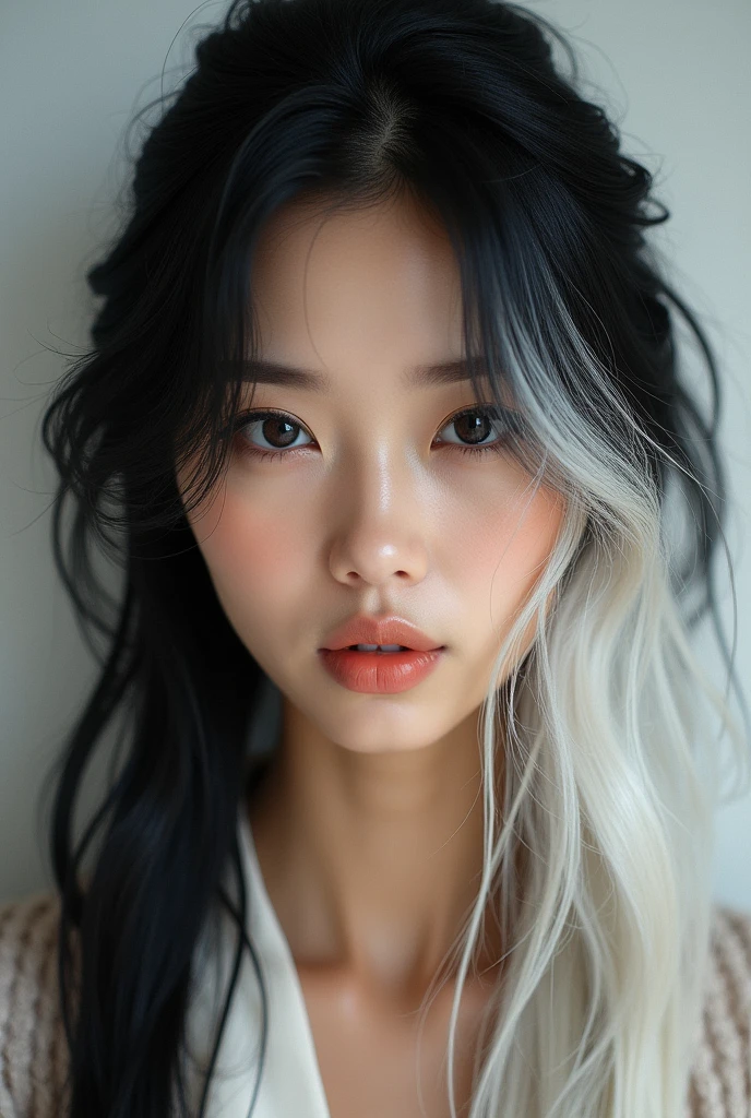 ASIAN WOMAN FROM FEDERAL - HALF WHITE AND HALF BLACK HAIR.
