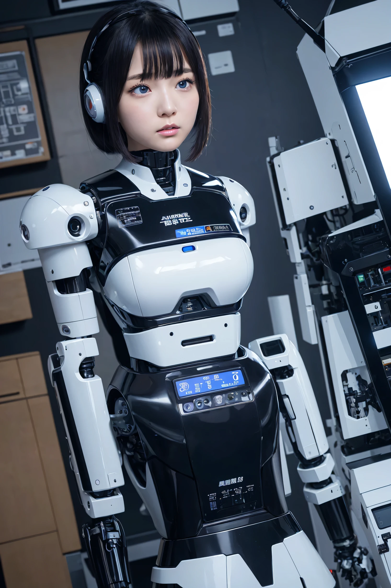 masterpiece, best quality, extremely detailed, Japaese android girl,Plump , hug,control panels,android,Droid,Mechanical Hand, Robot arms and legs, Black hair,Blunt bangs,perfect robot girl,long tube,thick cable connected her neck,android,robot,humanoid,cyborg,japanese cyborg girl ,robot-assembly plant,She is assembled now,assembly scene,chest monitor,blue eyes,breast cover（closing eyes:1.5）