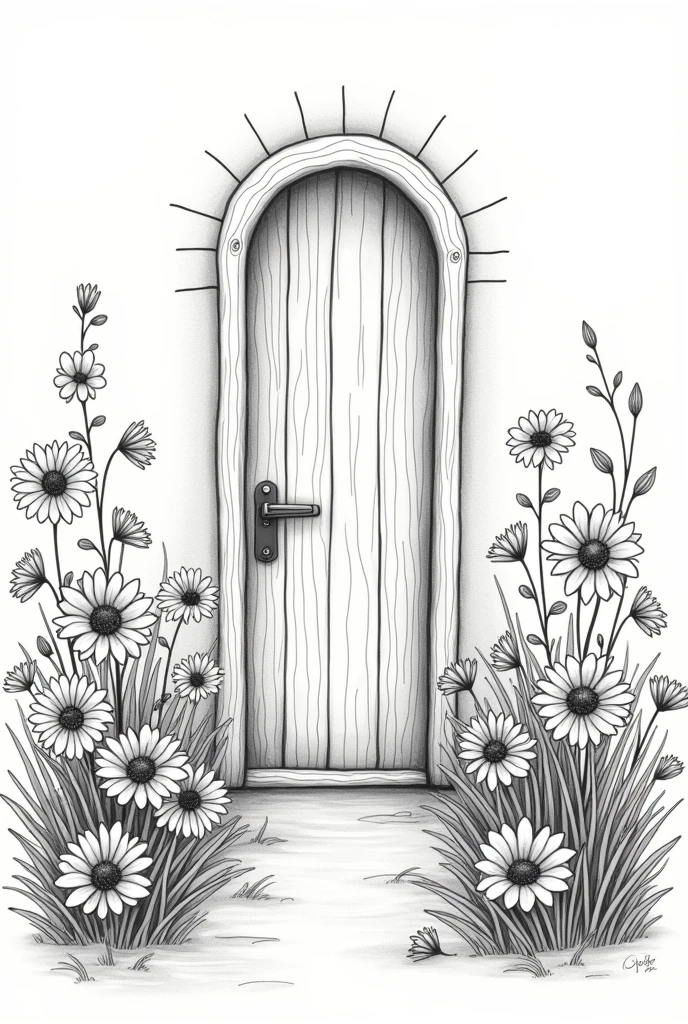 "One day, while playing in the garden, she found a magic door hidden among the flowers." simple line drawing