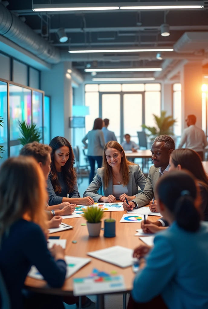 People collaborating in a diverse work environment, symbolizing success and cooperation