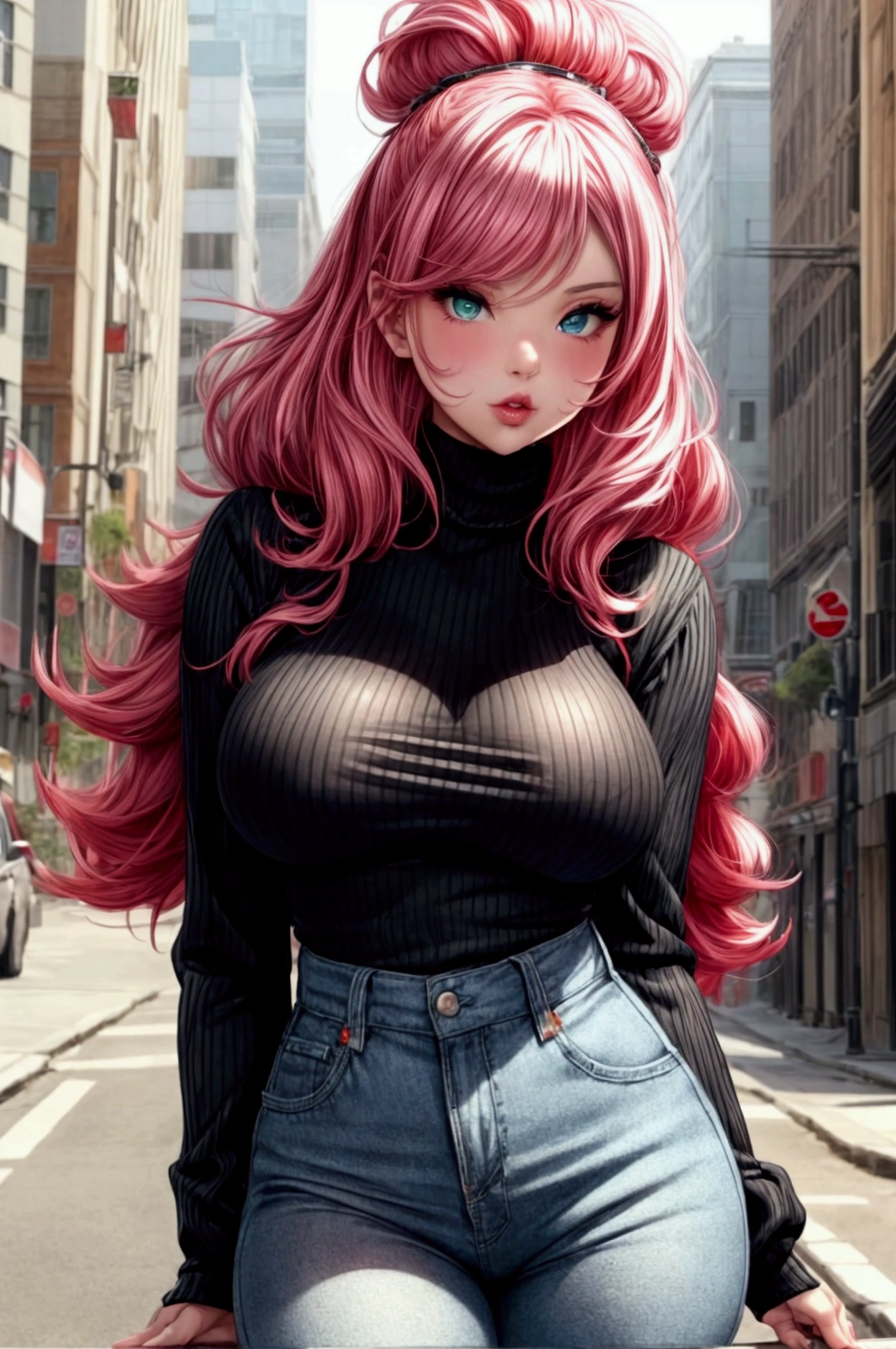 1 girl, (((bimbo))), perfect face, perfect eyes, looking at viewer, red hair, puffy lips, thick lips, wide hips, thick thighs, craving lust face, huge natural breasts, cleavage, young girl, perfect face, perfect eyes, green eyes, outdoors, city street, turtleneck sweater, ribbed sweater, jeans, red hair, long hair, black neck choker, cowboy shot, sexy pose, vivid colors