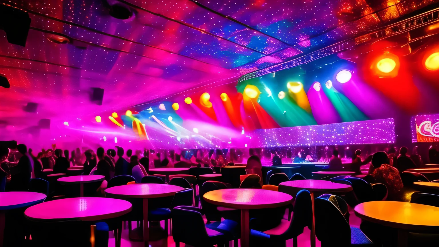 "A vibrant 1970s disco dance club, filled with retro speakers, colorful lights, and glittering reflections, capturing the energetic vibe of the era, inside a classic discotheque."