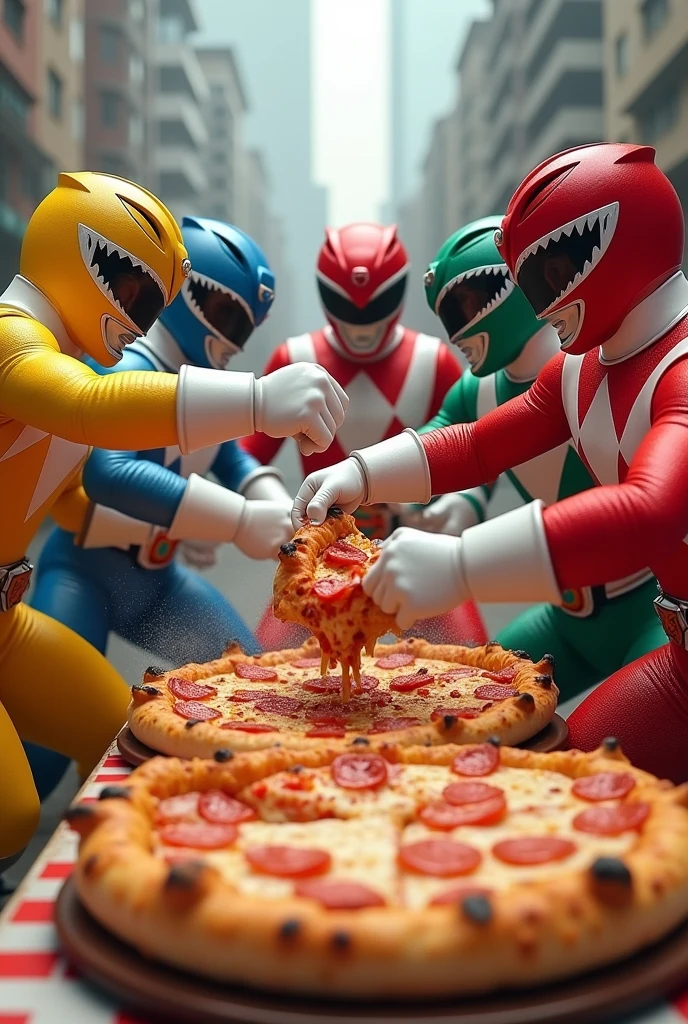 (photorealism:1.2)
The Power Rangers fighting over the last pizza rolls.