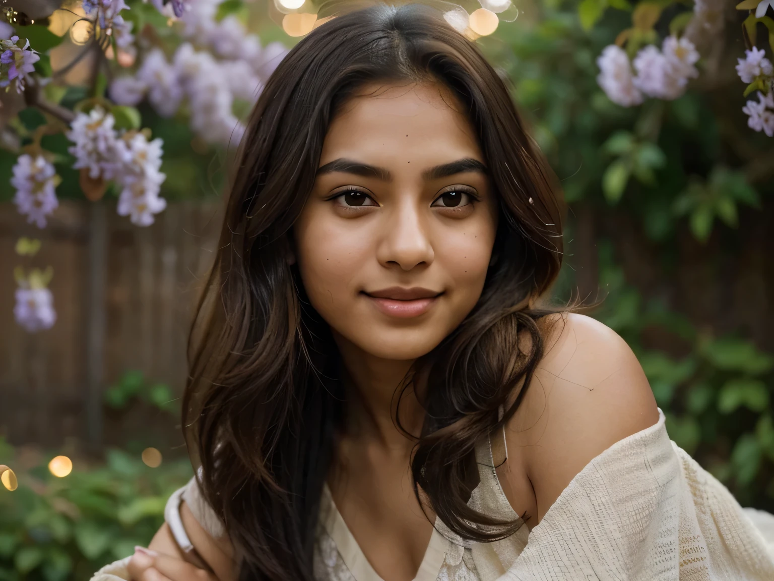 An Lovely Indian ???, of Asian mixed white ethnicity, in a Spring garden, wisteria vines, A warm and soft moon night image, Spring time, golden lighting, where which shows through in her honey brown skin tone, in her mid-20's, with a slim, athletic body build, heart-shaped face, adorned with dark brown peppered with blonde highlights, shoulder-length hair and subtle, warm undertones to her smooth, almond-colored skin, her eyebrows gently furrowed, and her full lips curled up into a gentle, reassuring smile.