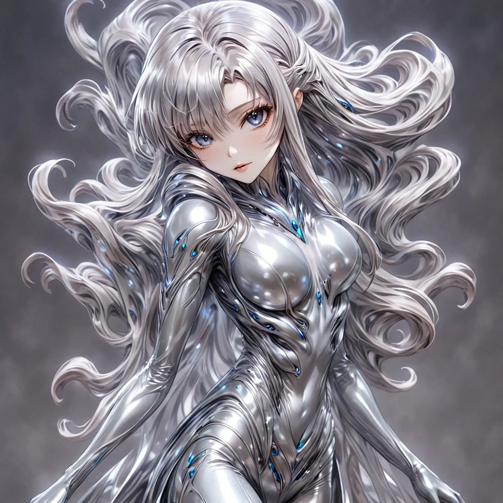 ((Highest quality)), ((masterpiece)), (detailed), (Perfect Face)、The woman is Yuuki Asuna, a completely metallic lifeform with metallic silver skin and face, and metallic silver hair in medium-long layers.、The woman is a metallic lifeform whose entire body and face are made of metal.
