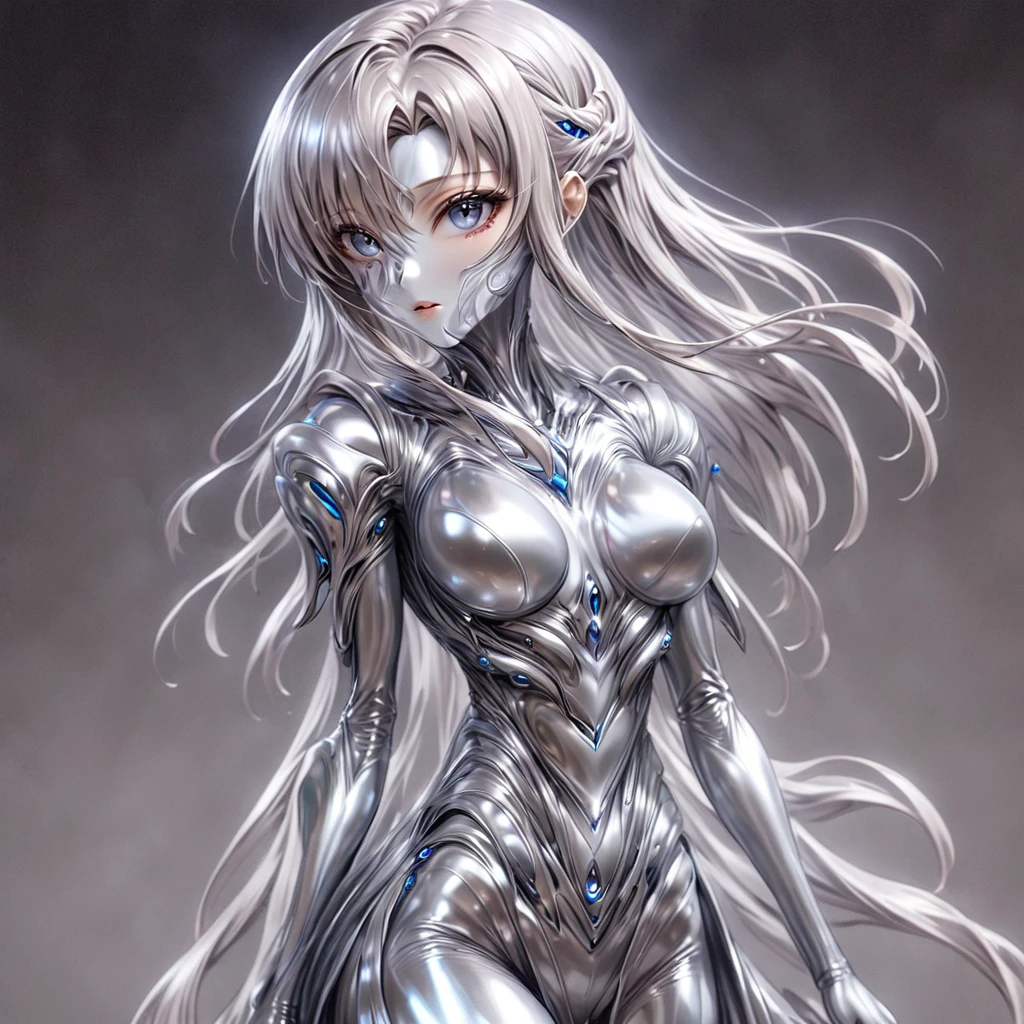 ((Highest quality)), ((masterpiece)), (detailed), （Perfect Face）、The woman is Yuuki Asuna, a completely metallic lifeform with metallic silver skin and face, and metallic silver hair in medium-long layers.、The woman is a metallic lifeform whose entire body and face are made of metal.