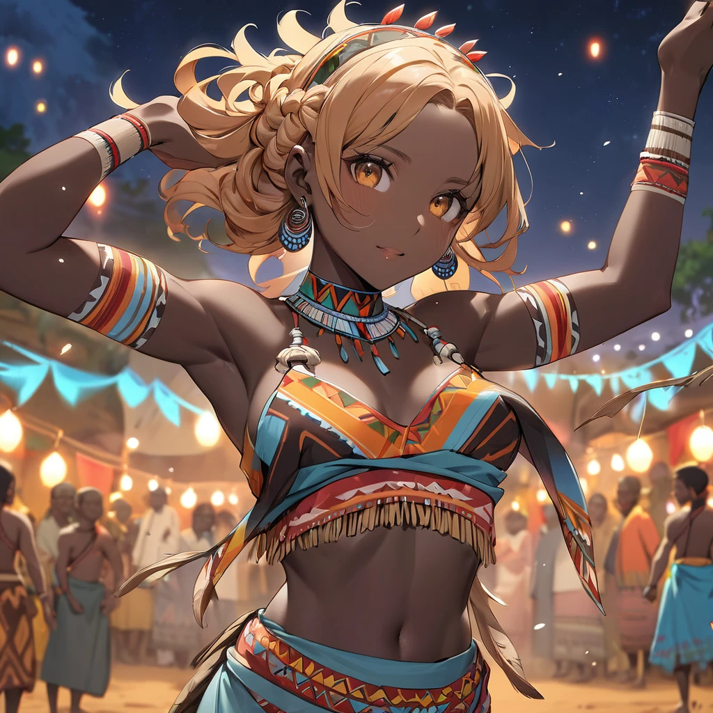 ((Highest quality)), ((masterpiece)), (detailed), (Perfect Face)、The woman has bright black skin、Strong curly hair、Black, dark skinned, African native tribal woman、The amount of hair is small、Light brown hair、Very short curly hair、Braided hair with detailed braids and slicked back、Her hair is braided and thin, and she wears a tribal headdress and a tribal headscarf.、African black woman beautifully dressed in tribal clothing, tribal earrings and tribal accessories, wearing tribal makeup、A beautiful tribal woman with tattoos all over her body、A woman is dancing a dance dedicated to the spirits at a night festival in a tribal village.