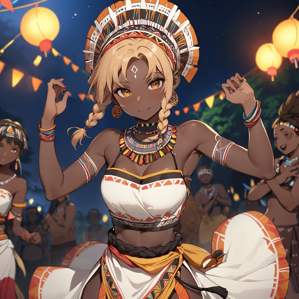 ((Highest quality)), ((masterpiece)), (detailed), (Perfect Face)、The woman has bright black skin、Strong curly hair、Black, dark skinned, African native tribal woman、The amount of hair is small、Light brown hair、Very short curly hair、Braided hair with detailed braids and slicked back、Her hair is braided and thin, and she wears a tribal headdress and a tribal headscarf.、African black woman beautifully dressed in tribal clothing, tribal earrings and tribal accessories, wearing tribal makeup、A beautiful tribal woman with tattoos all over her body、A woman is dancing a dance dedicated to the spirits at a night festival in a tribal village.