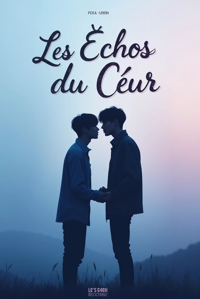 Un design avec deux silhouettes des membres de BTS jeon Jungkook et Park jimin
 se tenant la main ou se regardant intensément, symbolisant leur connexion profonde. Le fond pourrait être un dégradé de couleurs douces, comme des bleus et des violets, pour évoquer la sérénité et l'intensité émotionnelle. Le titre **« Les Échos du Cœur »**écrit en grand en Écriture Poétique et Émotionnelle bien mise en évidence 