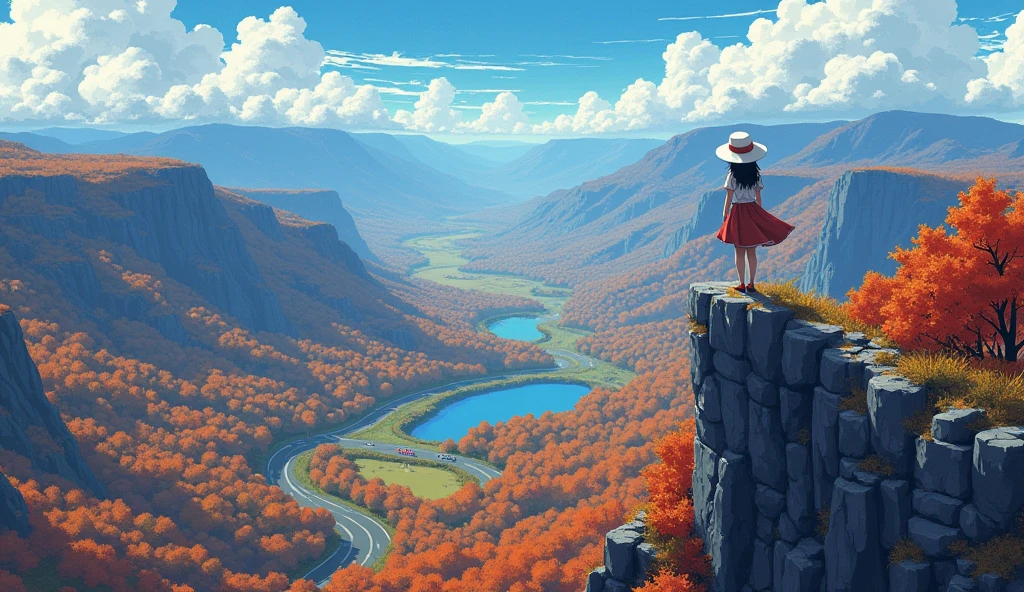 ((masterpiece)), (style anime), ghibli, A pixe art style of landscape view from a high rocky peak, with a girl wearing a white hat and standing on the edge, looking out over a vast valley filled with colorful autumn foliage. The scene includes a winding road that cuts through the landscape and a small lake reflecting the surrounding colors. The sky is filled with clouds, creating a moody atmosphere. The pixelated art style adds a retro, nostalgic feel to the image, preserving every detail including the textures of the rocks, the diversity of the forest colors, and the tranquil lake. Pixel art, cloudy sky