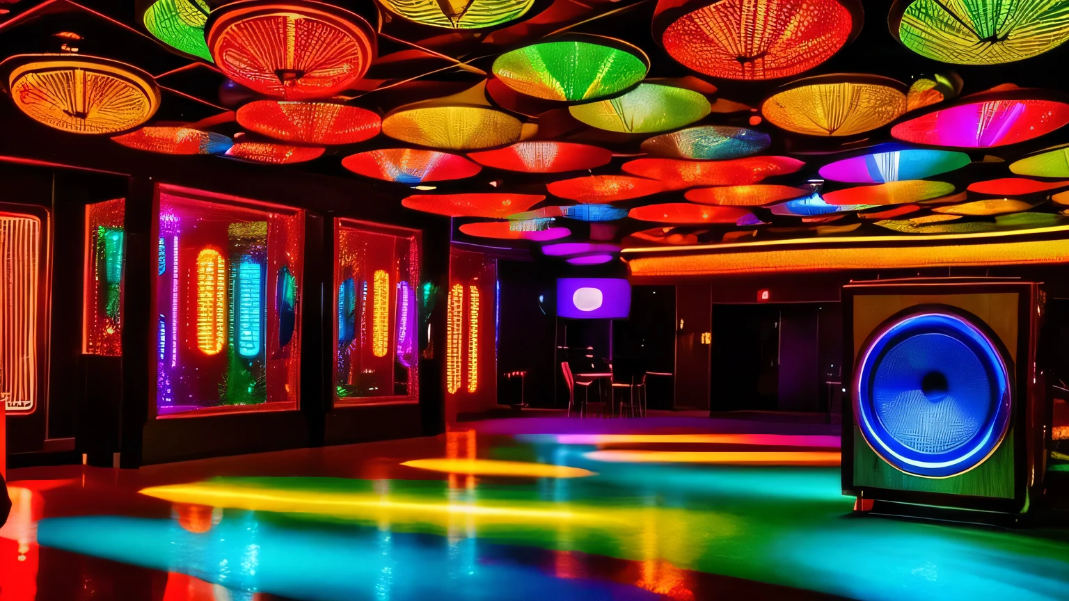 "Inside a retro 70s disco club, featuring large vintage speakers, swirling lights, and shimmering mirrors, creating a dazzling and lively atmosphere typical of the decade." sem nenhumna pessoa no ambiente
