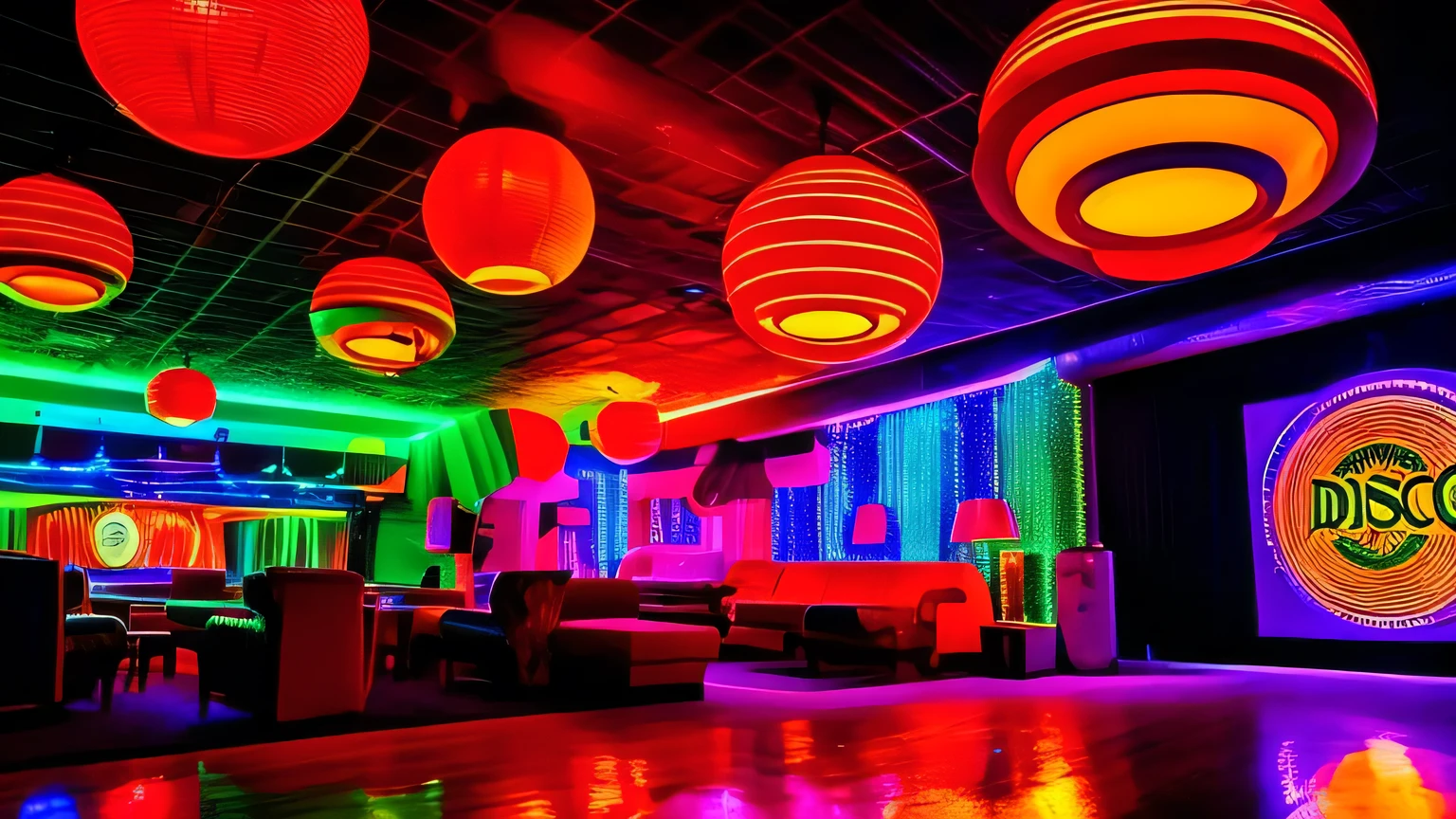 "Inside a retro 70s disco club, featuring large vintage speakers, swirling lights, and shimmering mirrors, creating a dazzling and lively atmosphere typical of the decade." sem nenhumna pessoa no ambiente