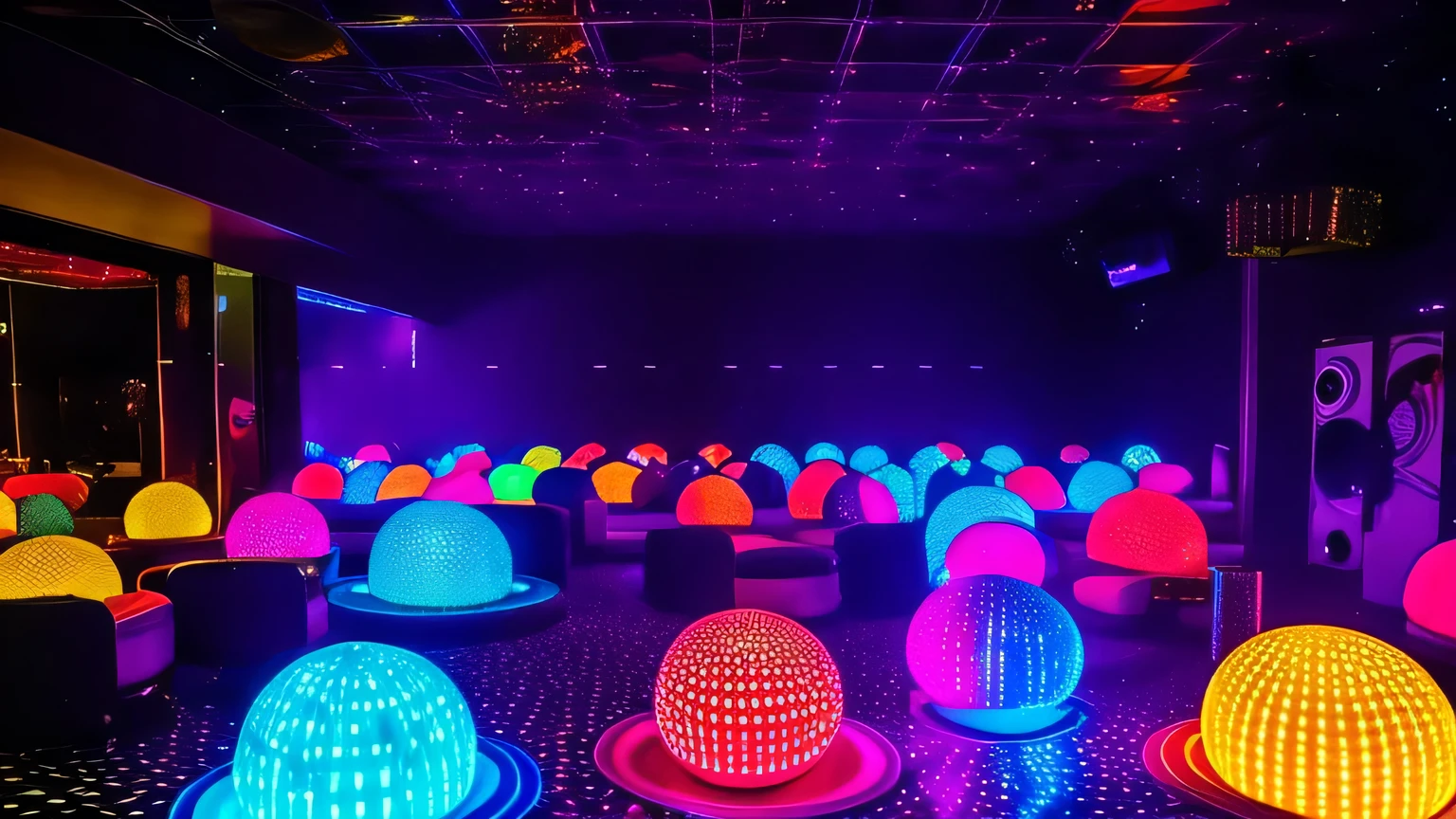 "A nostalgic 1970s discotheque with iconic sound systems, flashing colored lights, and sparkling disco balls, embodying the lively spirit of a classic dance floor.", sem nenhuma pessoa no ambiente