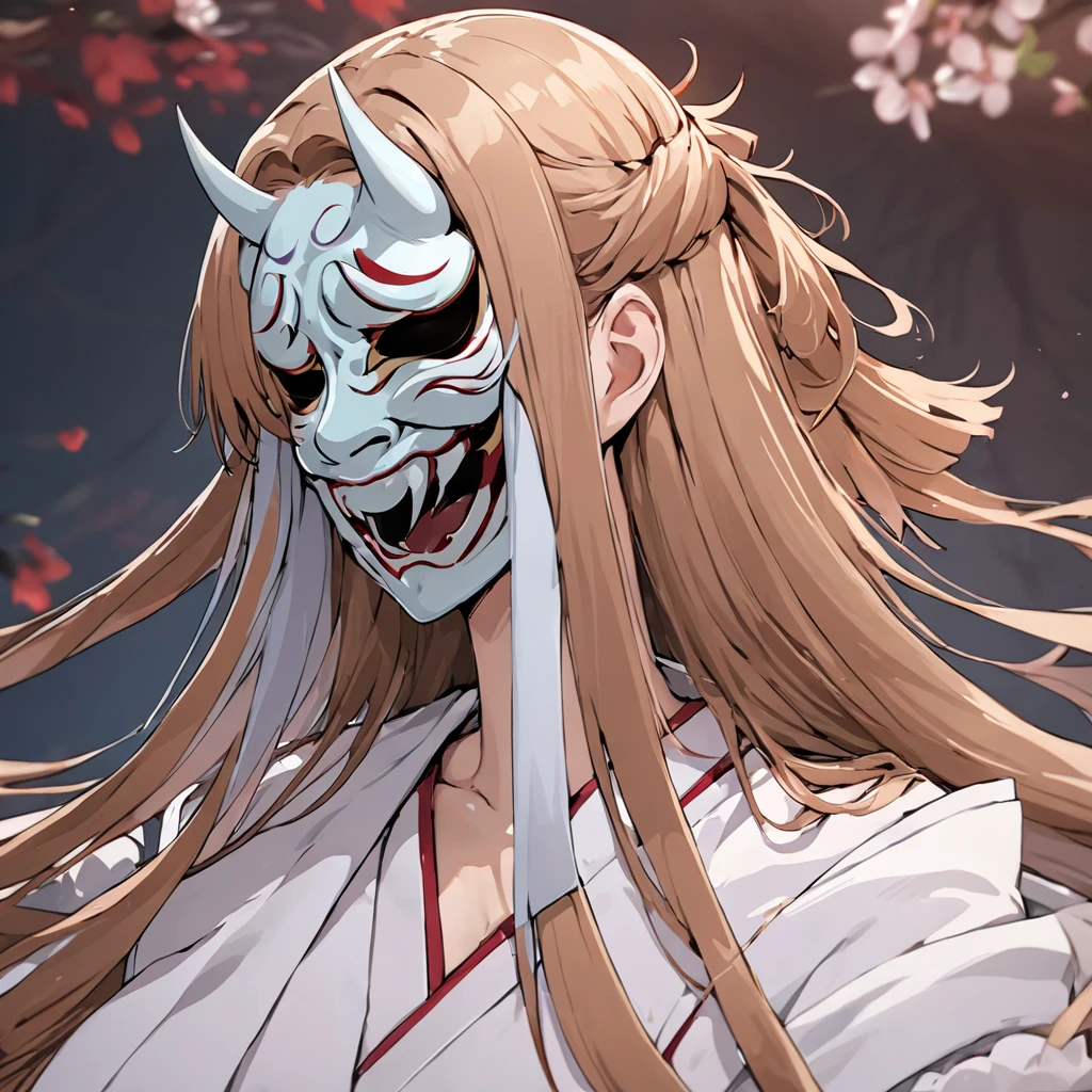 ((Highest quality)), ((masterpiece)), (detailed), （Perfect Face）、The woman is Yuuki Asuna, with light brown, semi-long hair and a Hannya mask covering her entire face.、The woman has become Hannya in both body and mind.