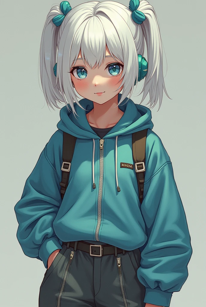 one girl, solder costume, boyish, cool, androgynous, white hair, light blue eyes, 14 years old, cute, trousers
