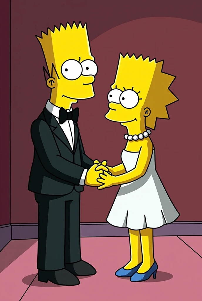 bart simpson , black evening suit, getting married, marge simpson adult, short wedding dress