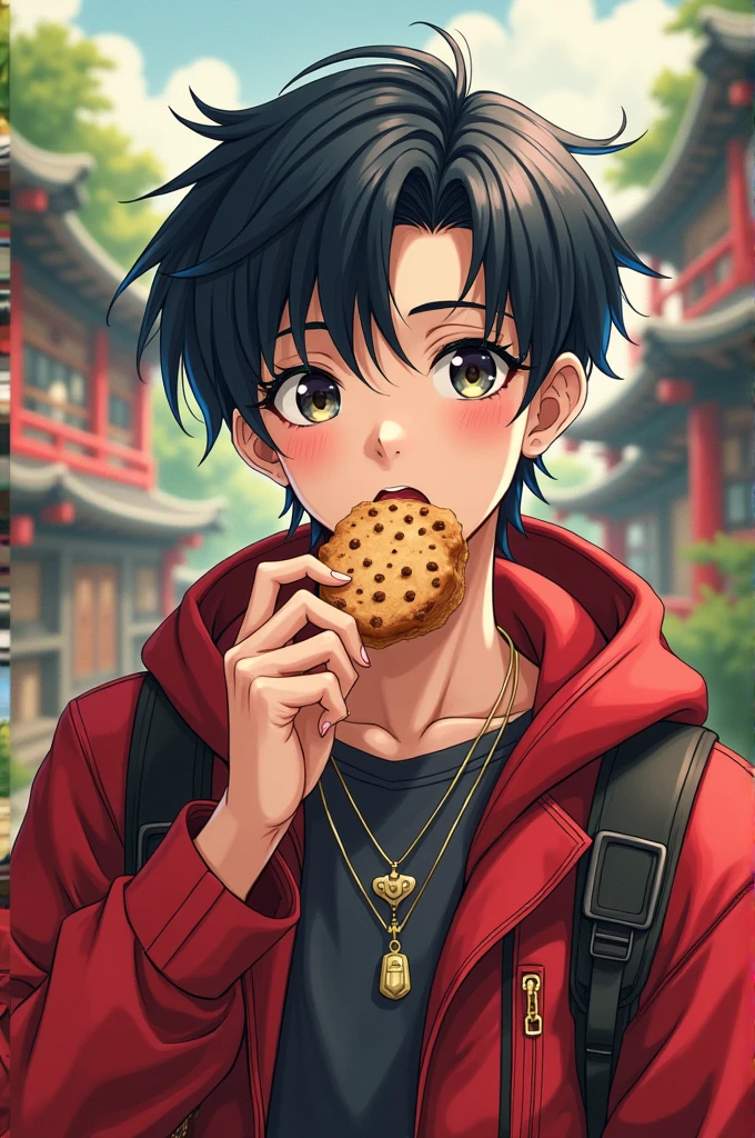 An anime character similar to Jimi from BTS with the animation style of Inuyasha, eating a cookie