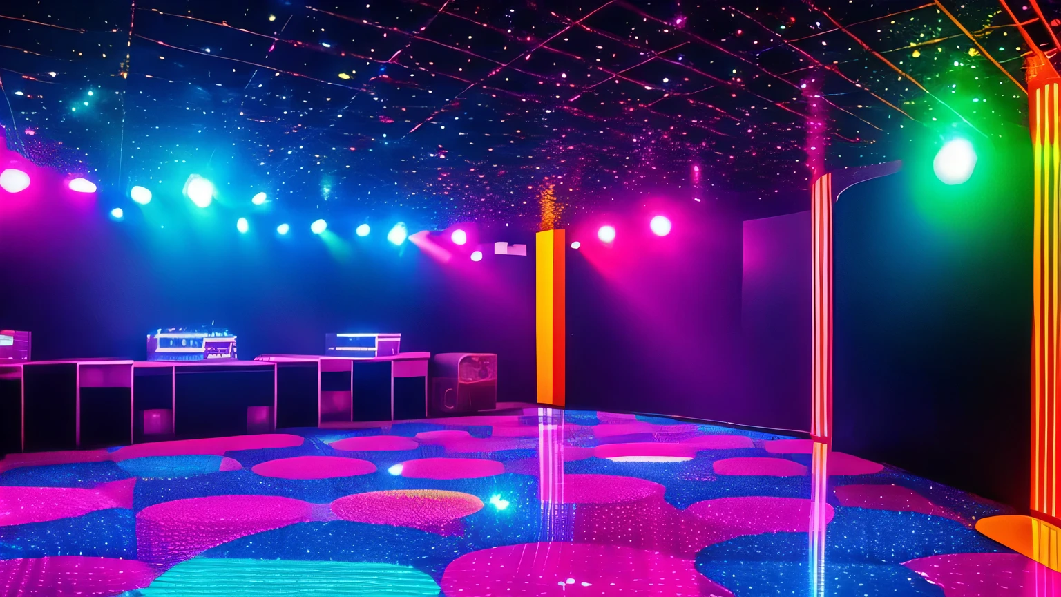 "A nostalgic 1970s discotheque with iconic sound systems, flashing colored lights, and sparkling disco balls, embodying the lively spirit of a classic dance floor.", sem nenhuma pessoa no ambiente