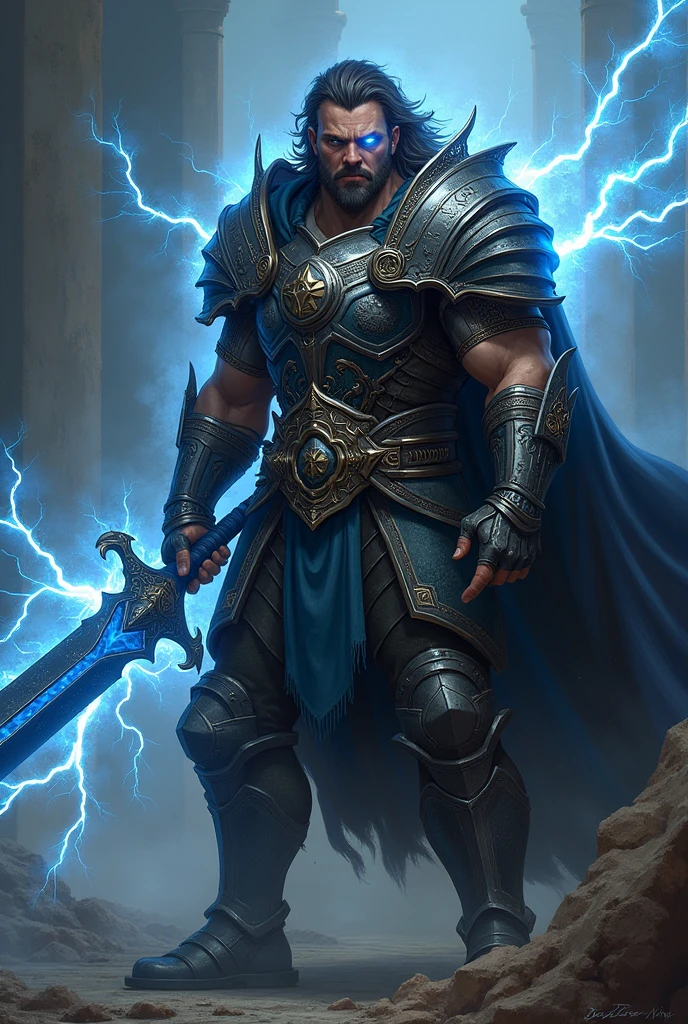 Human man dnd with hate, blood, electric eyes with thunder and lightning, strong, warrior with a large black electric longsword, with heavy armor. semi long hair
