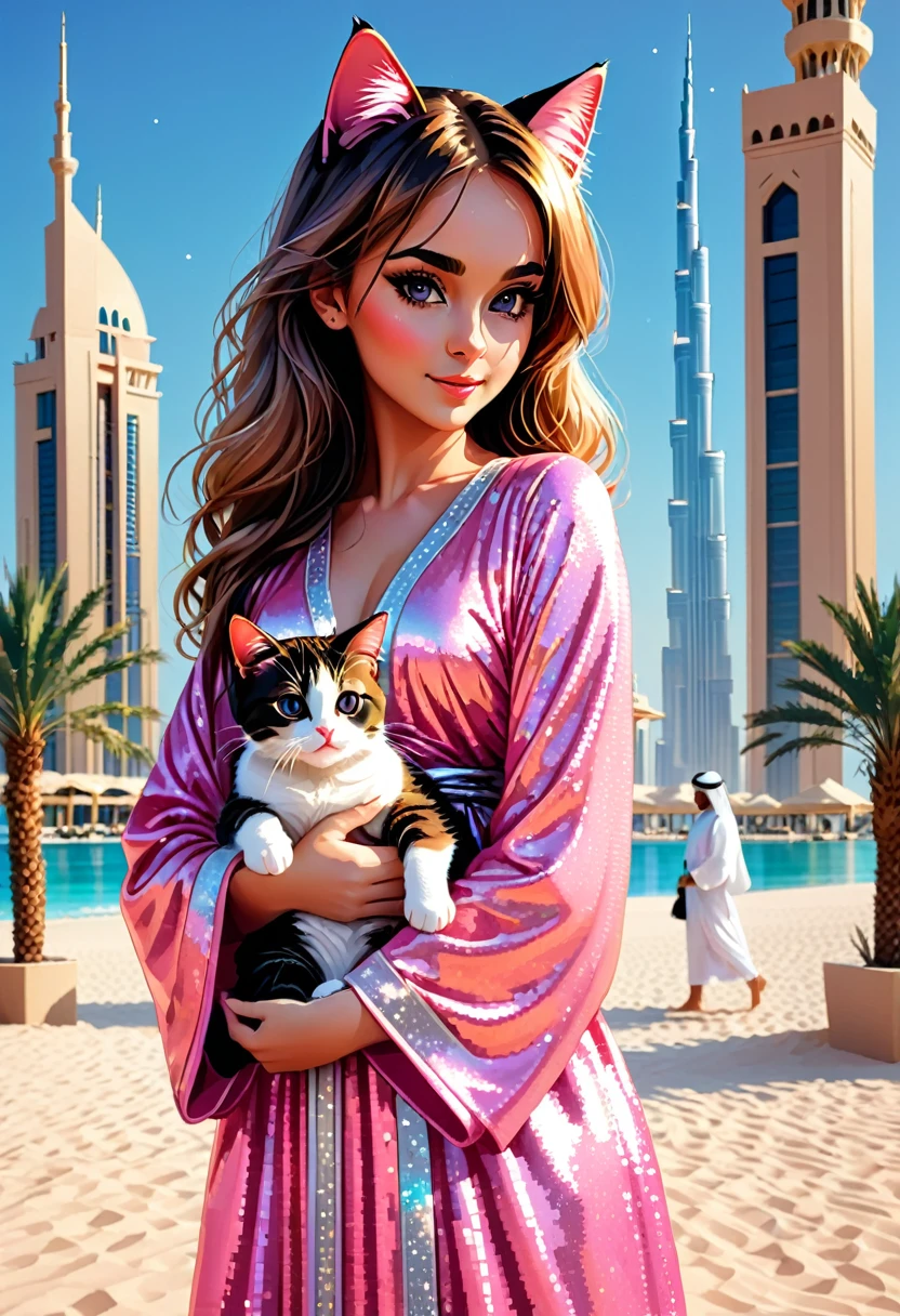 Girl in love with cat a dubai, robe pink brillant, pixel art