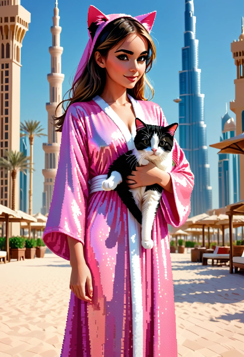 Girl in love with cat a dubai, robe pink brillant, pixel art