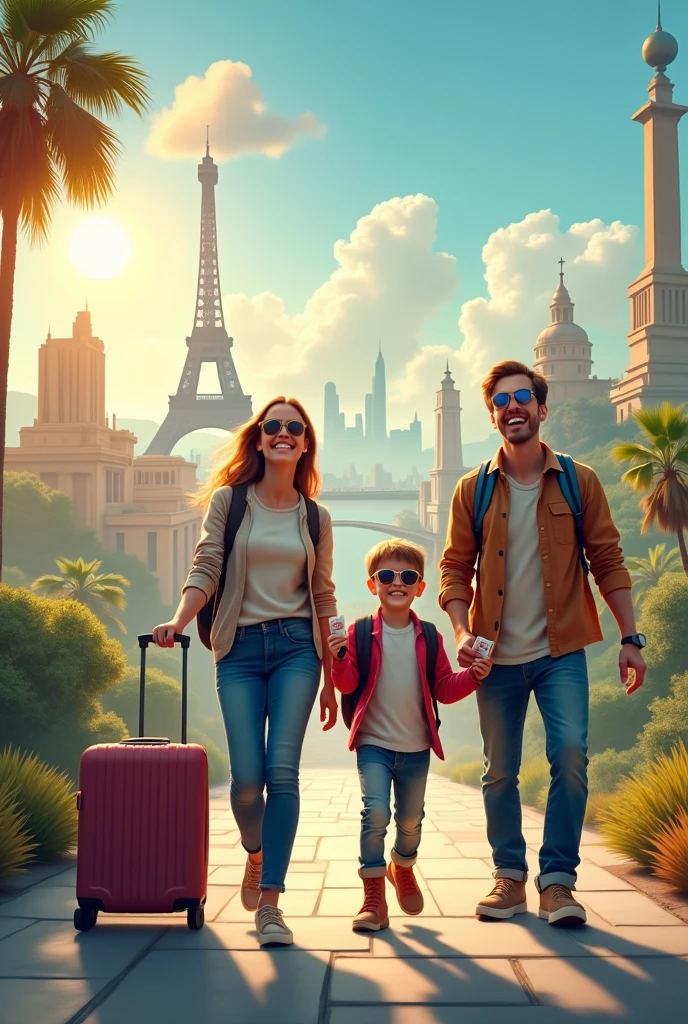 Vertical image of a family with 2 children who are going to fly and are carrying tickets in their hands on the way to the airport, looking around at the current wonders of the world