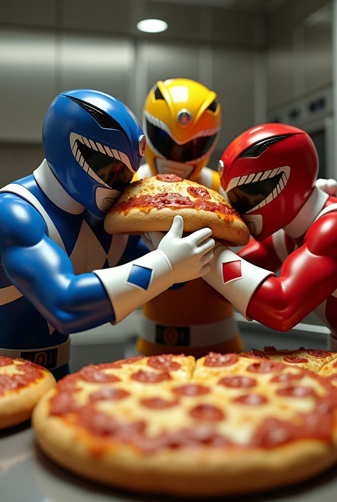 (photorealism:1.2)
The Power Rangers fighting over the last pizzarolls.