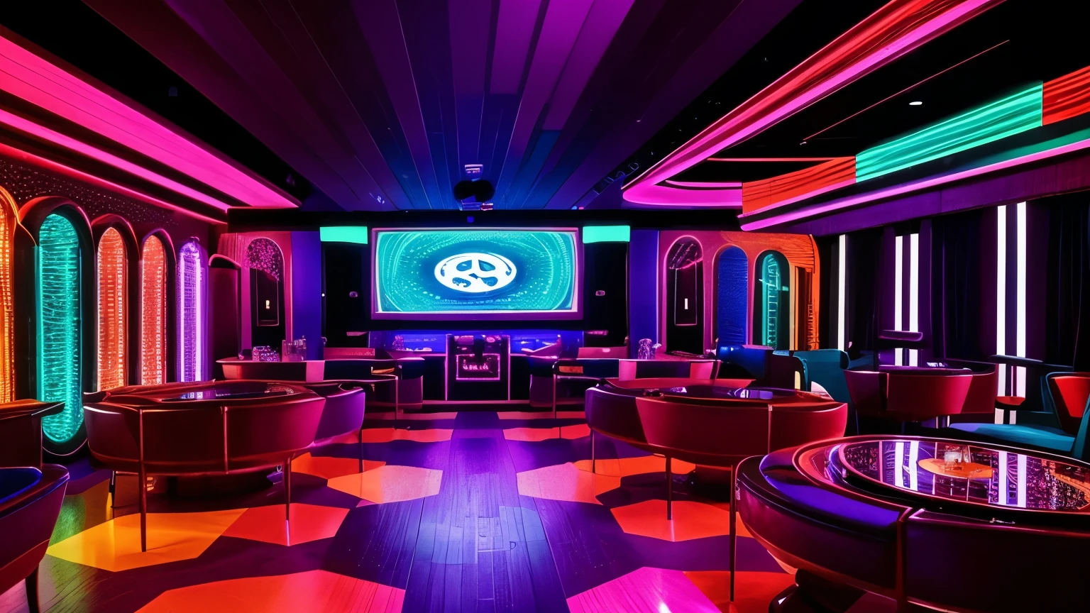"Inside a retro 70s disco club, featuring large vintage speakers, swirling lights, and shimmering mirrors, creating a dazzling and lively atmosphere typical of the decade." sem nenhumna pessoa no ambiente