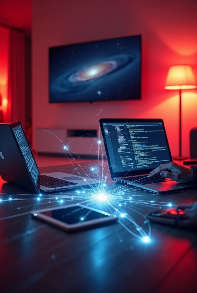 A close up image of several devices connected to the same wi-fi network a laptop a smartphone a tablet and a smart tv are all active and in use with wi-fi signals visible in the air the background shows the interior of a clean modern house keeping the colors red and blue but mainly red