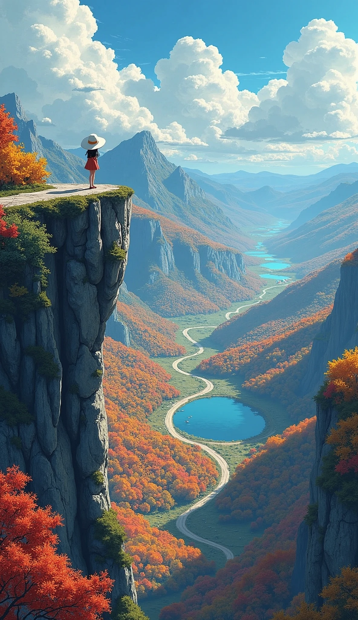 ((masterpiece)), (style anime), ghibli, A pixe art style of landscape view from a high rocky peak, with a girl wearing a white hat and standing on the edge, looking out over a vast valley filled with colorful autumn foliage. The scene includes a winding road that cuts through the landscape and a small lake reflecting the surrounding colors. The sky is filled with clouds, creating a moody atmosphere. The pixelated art style adds a retro, nostalgic feel to the image, preserving every detail including the textures of the rocks, the diversity of the forest colors, and the tranquil lake. Pixel art, cloudy sky